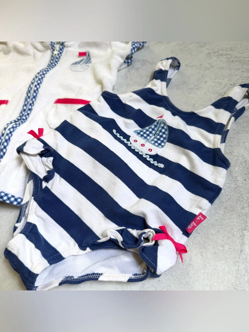 18M⚓️ Le Top Nautical Gingham Sailboat Stripe Swimsuit & Matching Terry Coverup